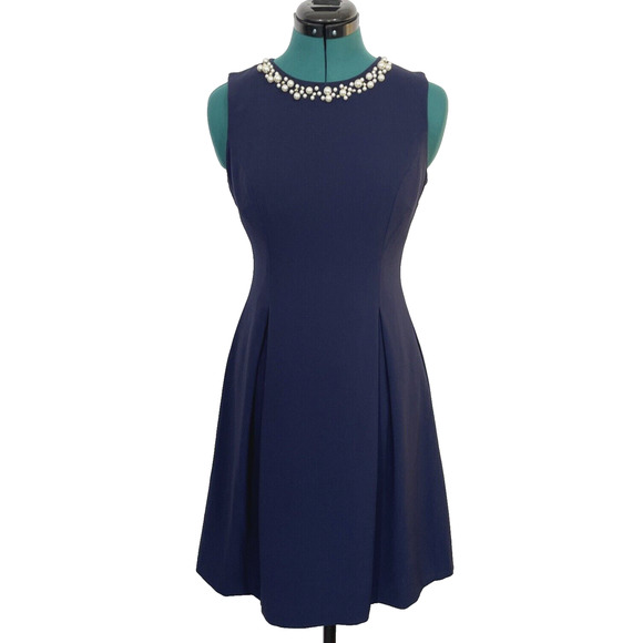 Eliza J Navy Blue Beaded‎ Embellished Cocktail Party Dress Size 4 Sleeveless - Picture 1 of 9